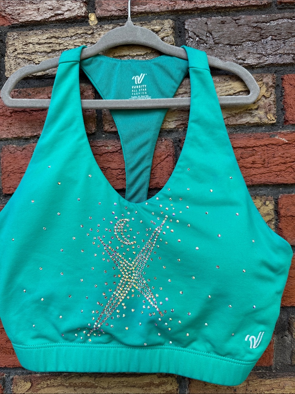 Varsity Teal Crystal-Embellished Racerback Sports Bra